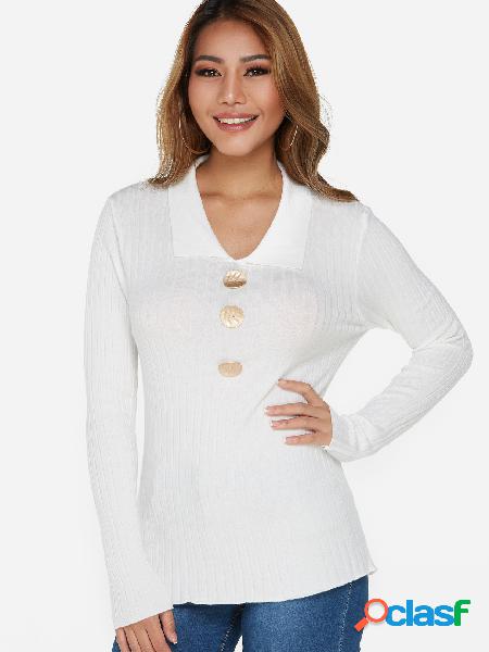 White Button Embellished Polo Collar Long Sleeves T-shirt