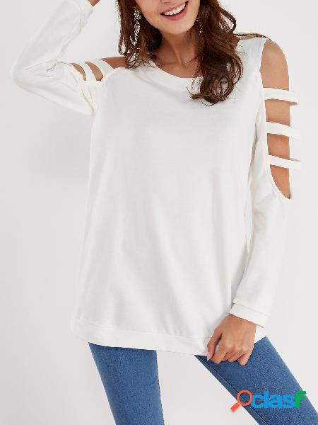 White Casual Round Neck Cold Shoulder Top