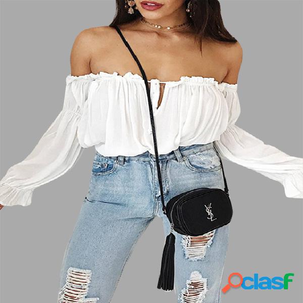 White Chiffon Pleated Design Off Shoulder Top