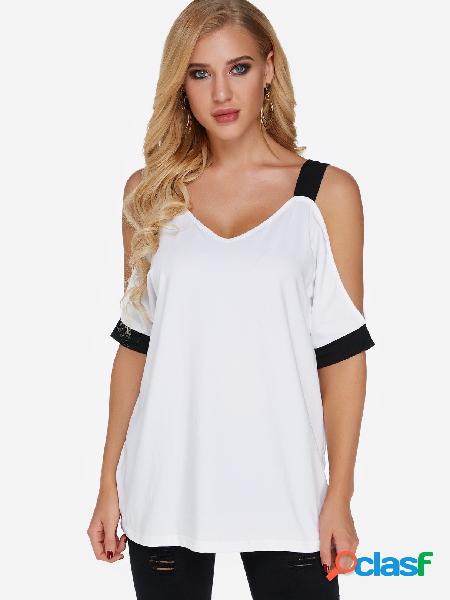 White Cold Shoulder Half Sleeves Causal T-shirt
