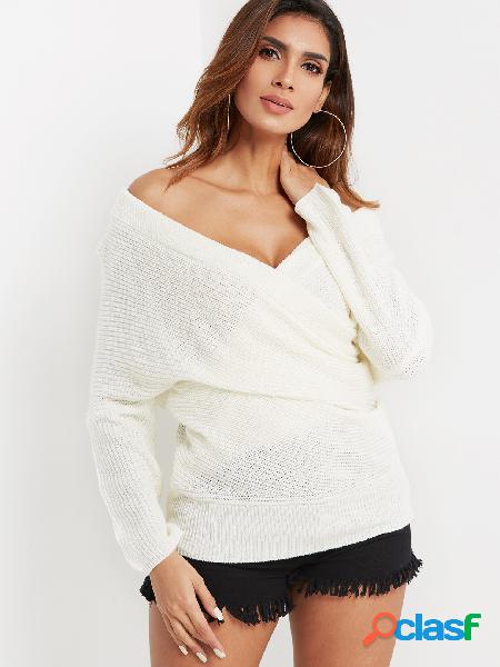 White Crossed Front Design Deep V Neck Long Sleeves Sweater