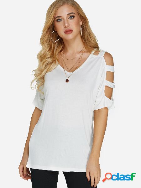 White Cut Out Cold Shoulder Half Sleeves T-shirt