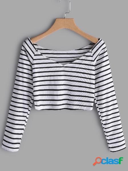 White Deep V-Neck Long Sleeves Striped Crop Top
