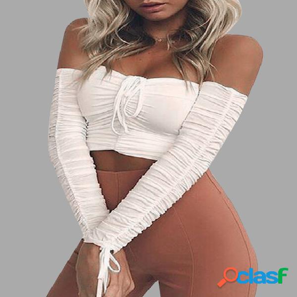 White Drawstring Pleated Off Shoulder Crop Top