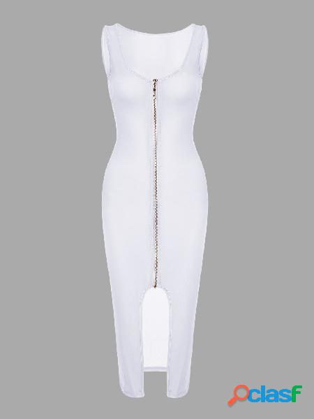 White Fashion Round Neck Zip Front Bodycon Cami Dress
