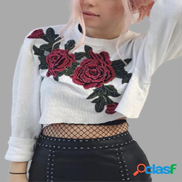 White Floral Embroidered Long Sleeves Crop Sweatshirt