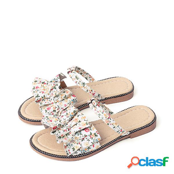White Floral Printed Flat Sandals