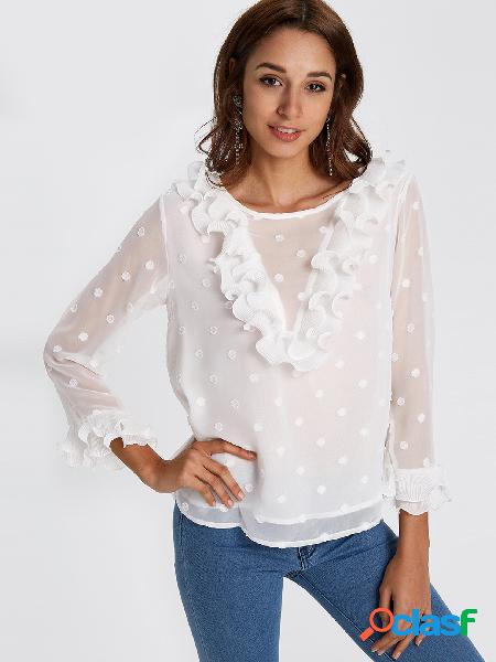 White Flouncy Details Round Neck Long Sleeves Blouses