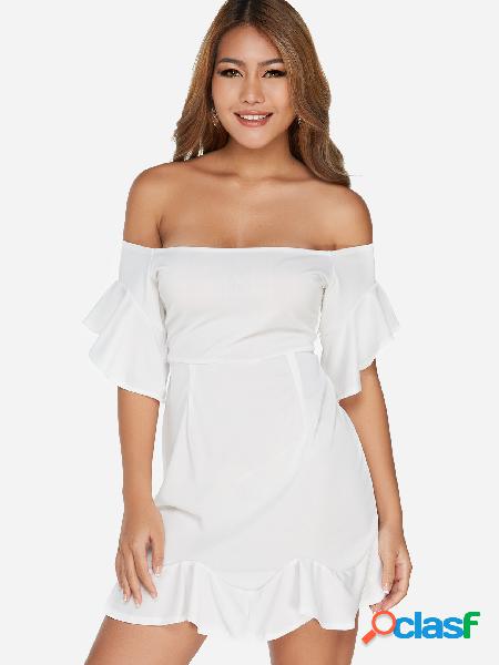 White Flouncy Off The Shoulder Bell Sleeves Mini Dress