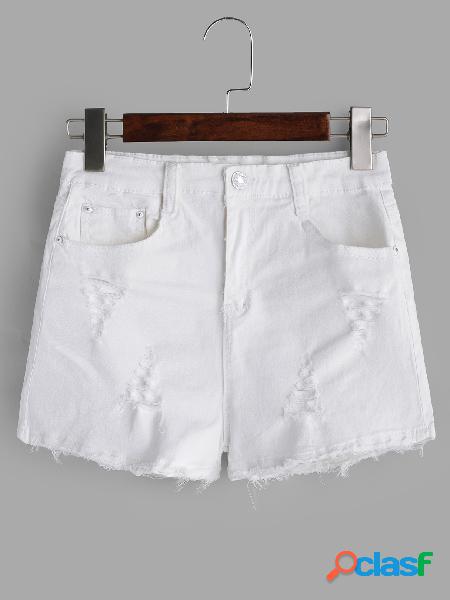 White Fringe Ripped Low-waisted Denim Shorts