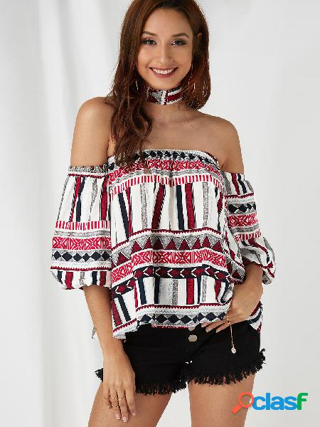 White Geometrical Off The Shoulder Flared Sleeves Top