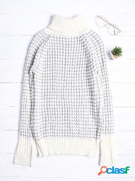 White & Grey Grid Turtleneck Long Sleeves Knitting Sweater
