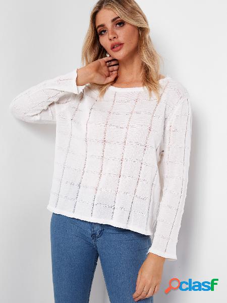 White Grid Details Crew Neck Long Sleeves T-shirts