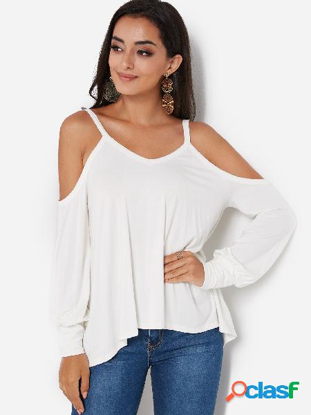 White Irregular Hem Cold Shoulder Long Sleeves Spaghetti