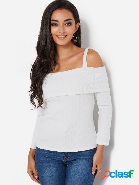 White Knitted Details Cold Shoulder Long Sleeves Top
