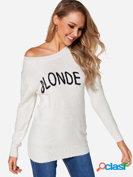 White Letter One Shoulder Long Sleeves Sweater
