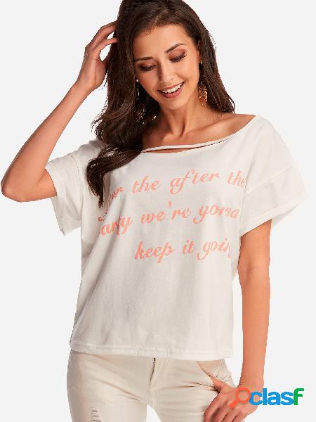 White Letter Scoop Neck Short Sleeves Loose T-shirts