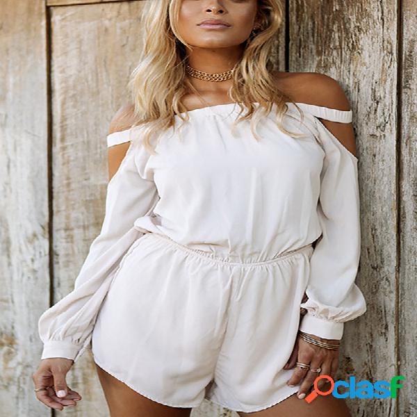 White Off Shoulder High Waisted Lantern Sleeves Playsuit