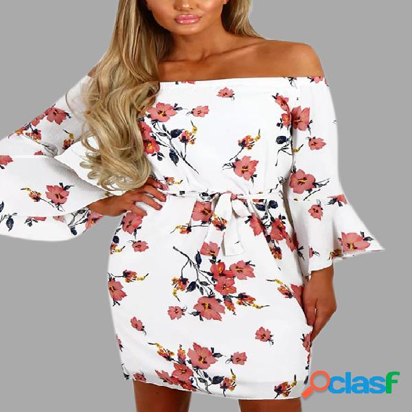 White Off-The-Shoulder Floral Print Mini Dress with Sash-tie