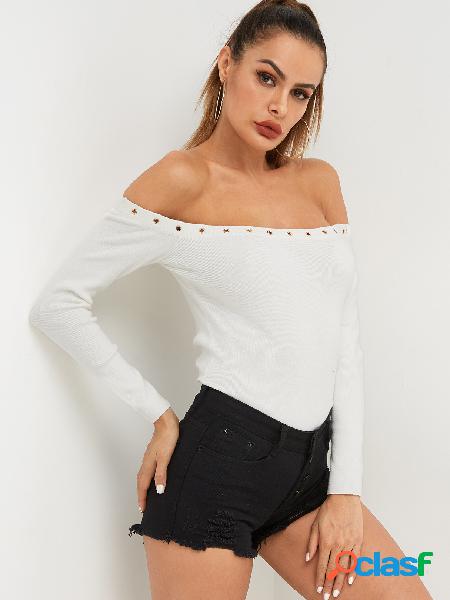 White Off-The-Shoulder Hollow Out Metal Hole Top