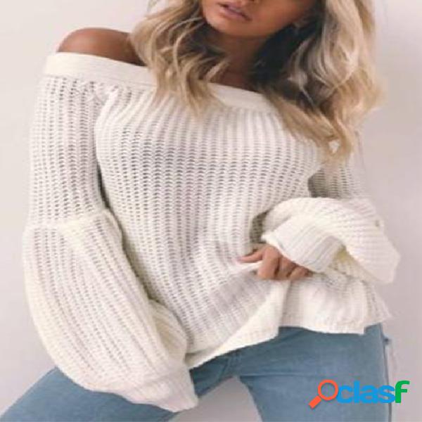 White Off The Shoulder Lantern Long Sleeves Knitted Sweaters