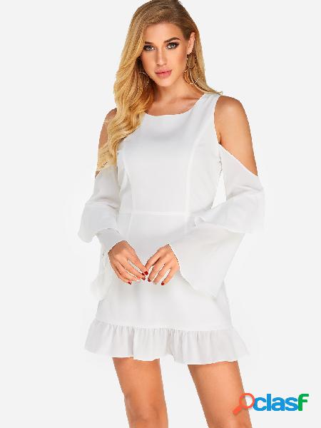 White Open Back Cold Shoulder Long Bell Sleeves Mini Dress