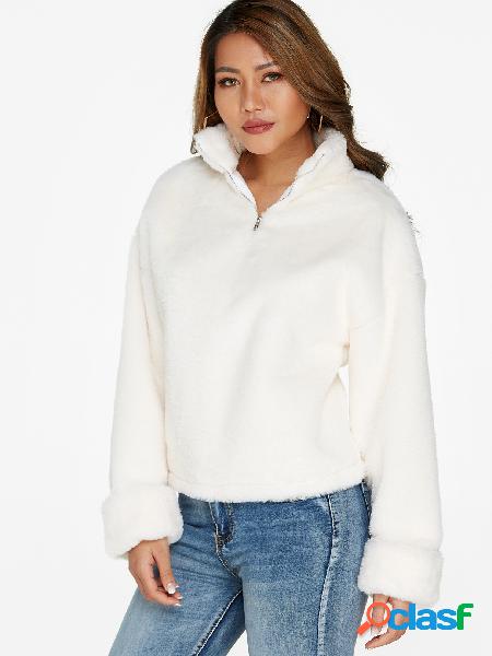 White Pullover Faux Fur Long Sleeves Zip Design Sweatshirt