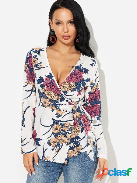 White Random Floral Print Crossed Front V-neck Self-tie