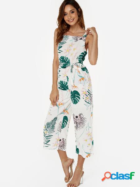 White Random Floral Print Fashion Summer Jumpsuits with Belt