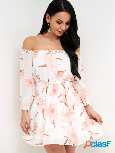 White Random Floral Print Off Shoulder Elastic Strap Dress