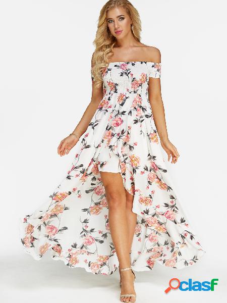 White Random Floral Print Off Shoulder Maxi Dress
