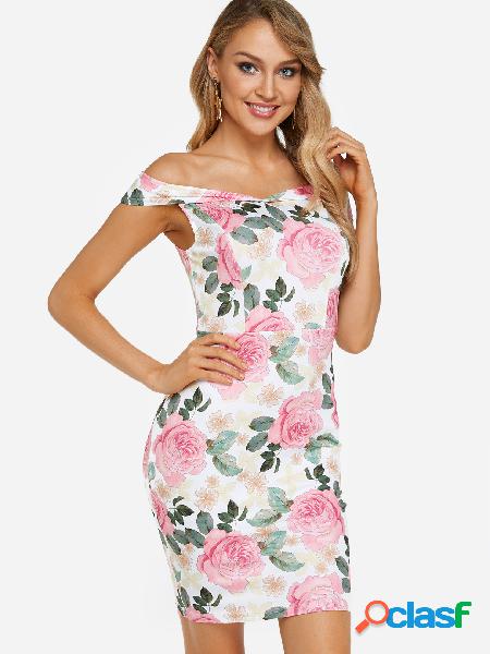 White Random Floral Print Off The Shoulder Dresses