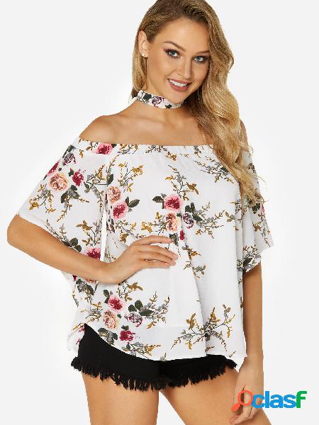 White Random Floral Print Off The Shoulder Half Sleeves