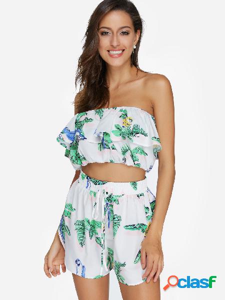 White Random Floral Print Tube Top & High-waisted Shorts Two