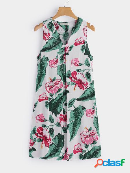 White Random Floral Print V-neck Sleeveless Loose Waist Mini