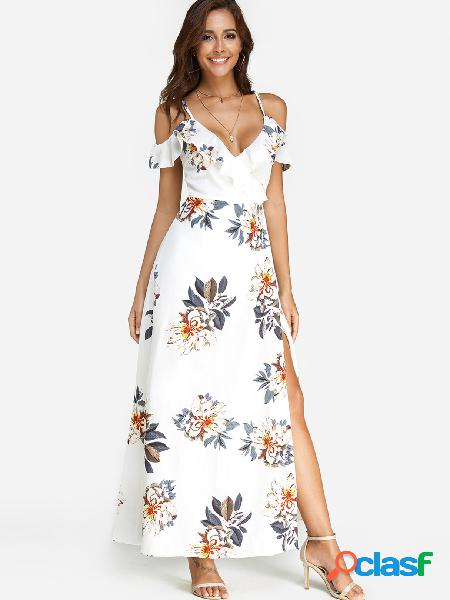 White Random Floral Print V-neck Sleeveless Spaghetti Maxi