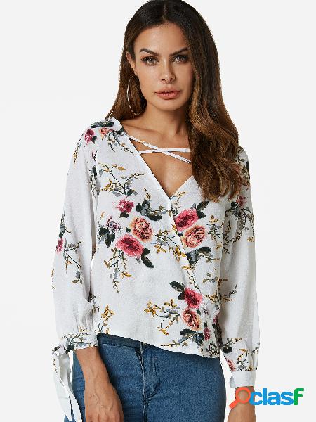 White Random Floral Print Wrap Design Deep V Neck Tie up at