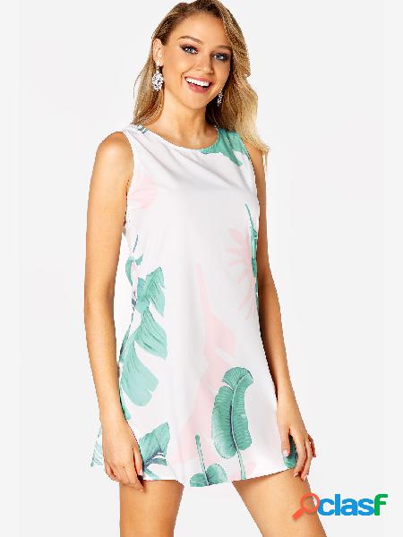 White Random Leaf Print Crew Neck Mini Dress