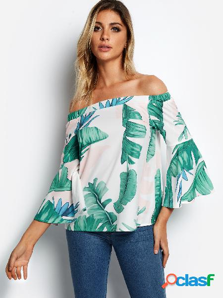 White Random Leaf Print Off Shoulder Bell Sleeves Blouse