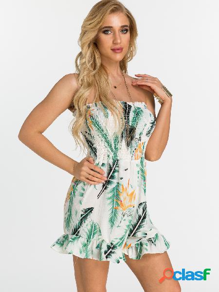 White Random Leaf Print Off Shoulder Tight Waist Playsuit