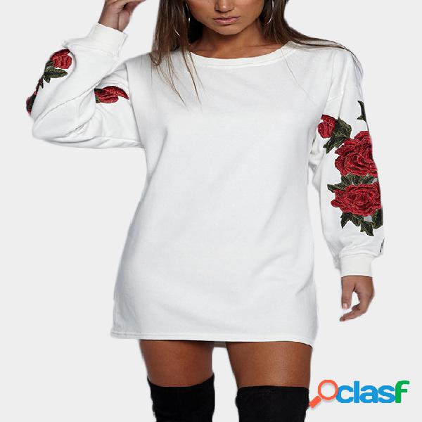 White Rose Embroidered Long Sleeves Sweatshirt Dress