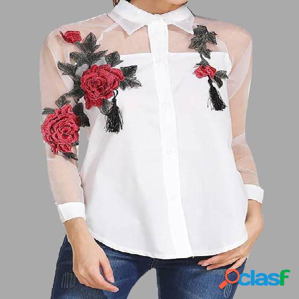 White Rose Embroidery Mesh Details Long Sleeves Blouse