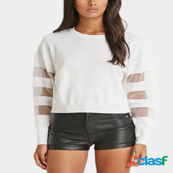 White Round Neck Mesh Design Sweatshirt