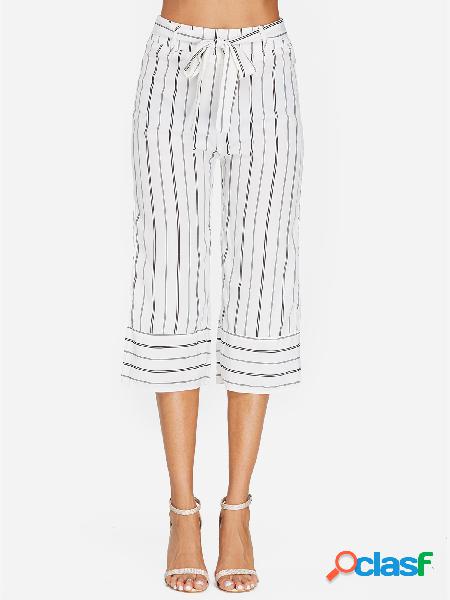 White Self-tie Design Stripe High-waisted Pants With Belt