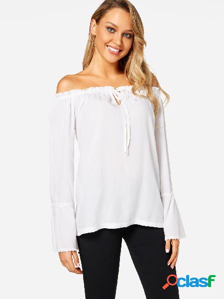 White Self-tie Front Off Shoulder Flared Sleeves Blouse