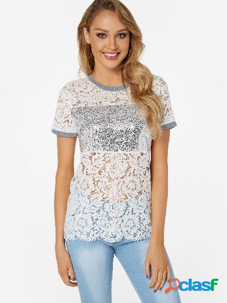 White Sequins Embellished Crew Neck Hollow T-shirt