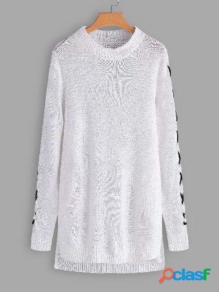 White Slit Design Plain Round Neck Long Sleeves Sweaters