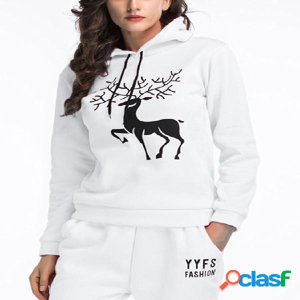 White Snowflake Deer Printing Long Sleeves Hoodie