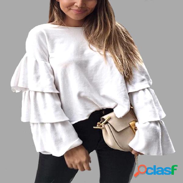 White Solid Color Tiered Design Sleeves Blouses