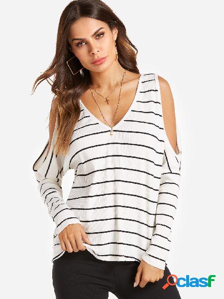 White Stripe Cold Shoulder Long Sleeves T-shirts